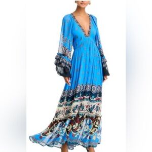 FARM Rio Blue Tiered Maxi Gown with Bishop Sleeves deep v